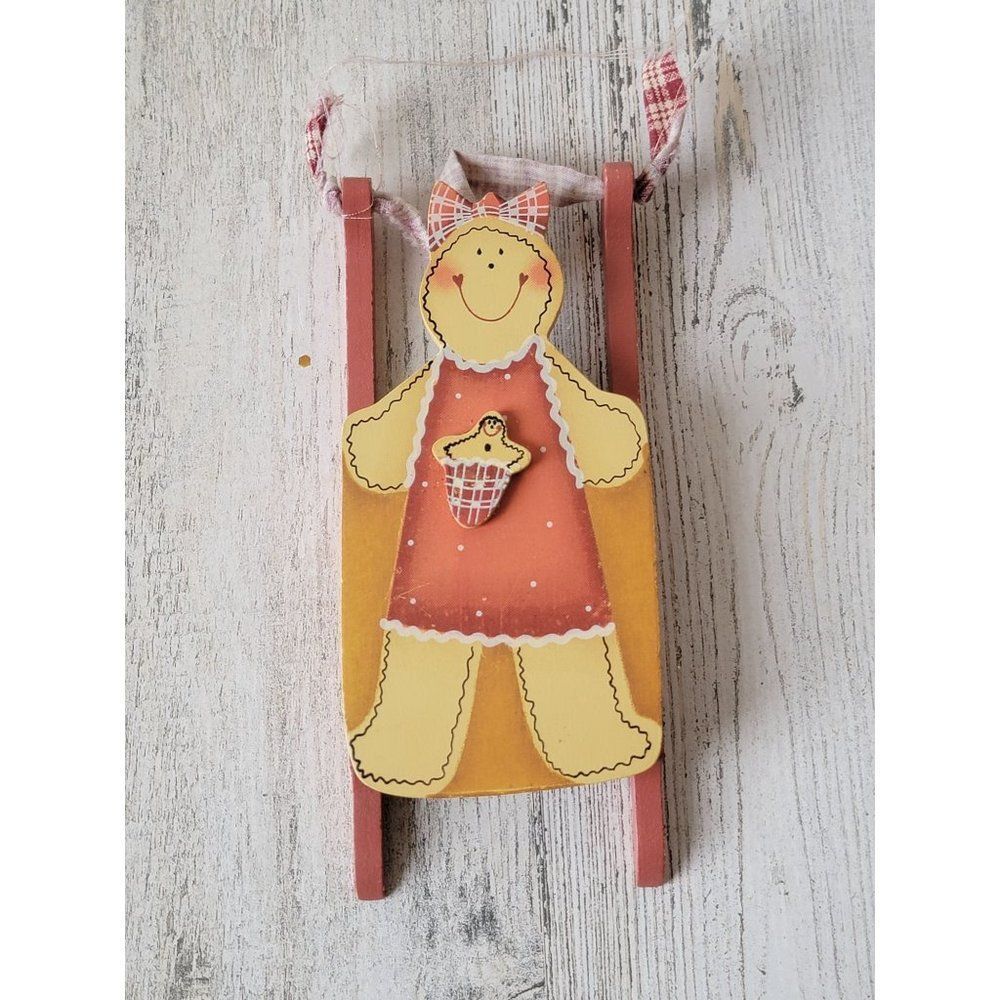 Wooden Gingerbread Girl sled ornament Xmas Decor‎ heart